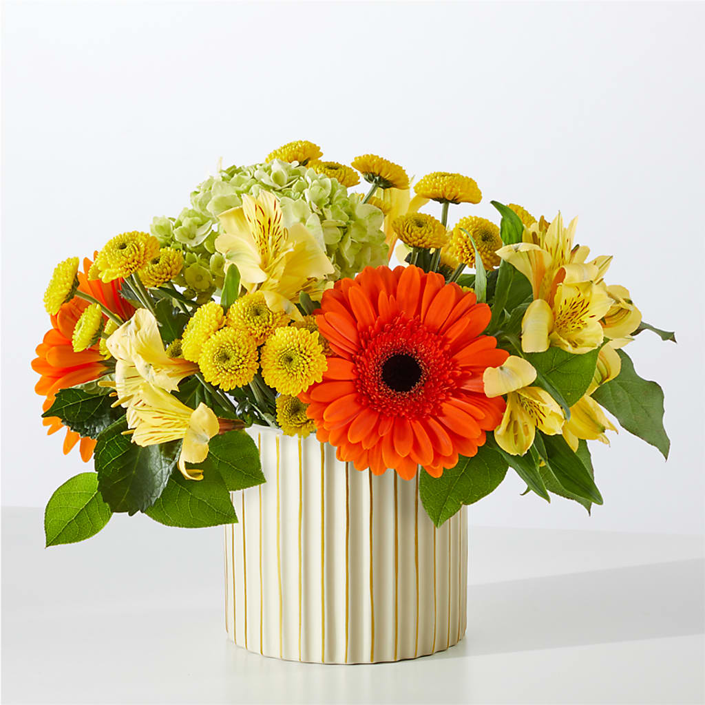 Autumn Sunshine Bouquet with Ivory Vase – Batavia Stage Coach Florist, Batavia NY