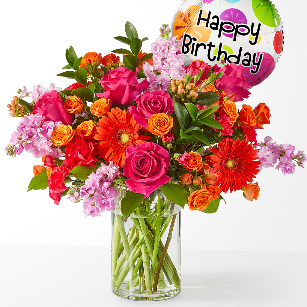 Fiesta Bouquet with Birthday Balloon –  Batavia Stage Coach Florist, Batavia NY