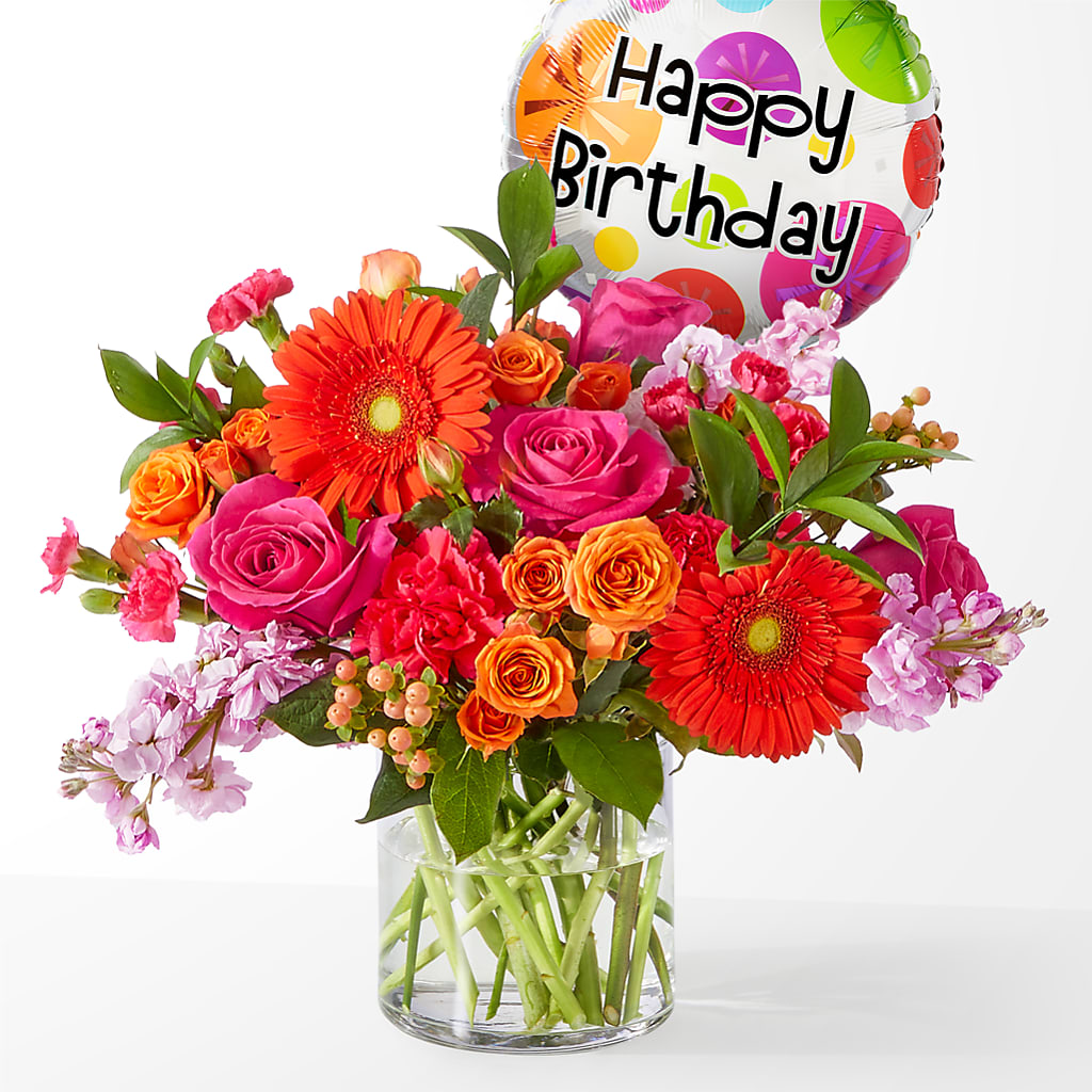 Fiesta Bouquet with Birthday Balloon –  Batavia Stage Coach Florist, Batavia NY