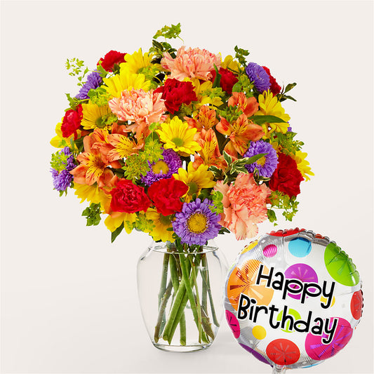 Kaleidoscope Bouquet with Birthday Balloon –  Batavia Stage Coach Florist, Batavia NY