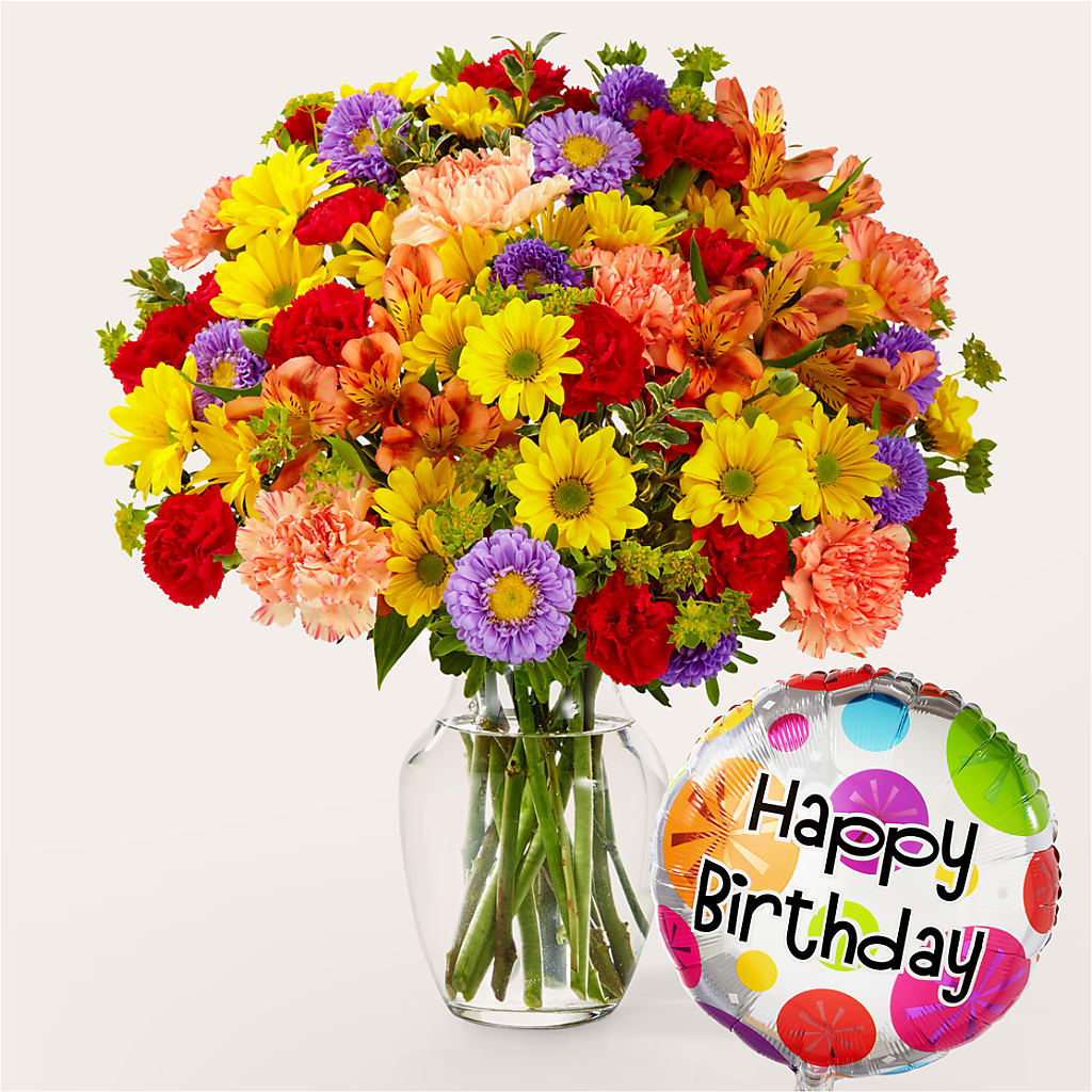 Kaleidoscope Bouquet with Birthday Balloon –  Batavia Stage Coach Florist, Batavia NY