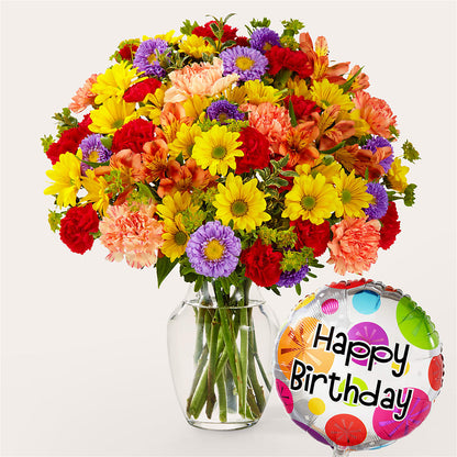 Kaleidoscope Bouquet with Birthday Balloon –  Batavia Stage Coach Florist, Batavia NY
