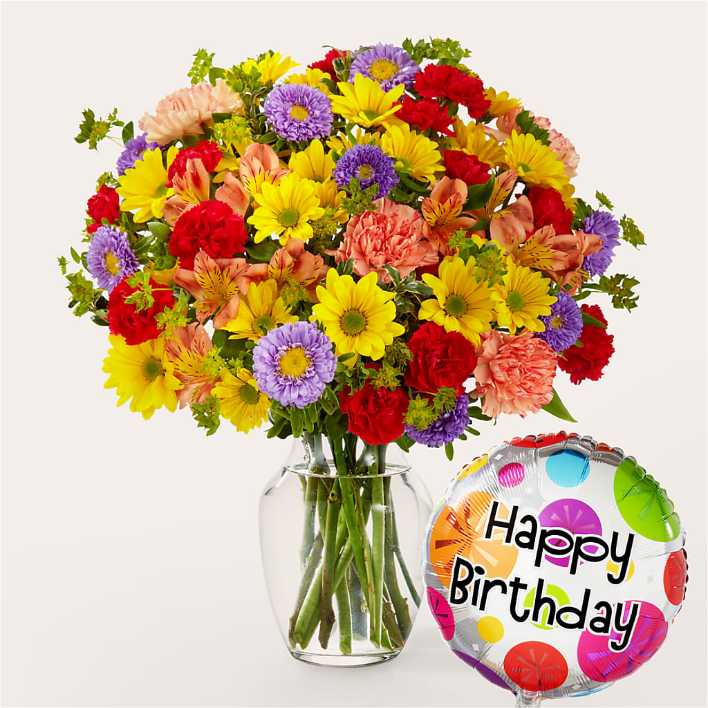 Kaleidoscope Bouquet with Birthday Balloon –  Batavia Stage Coach Florist, Batavia NY