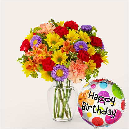 Kaleidoscope Bouquet with Birthday Balloon –  Batavia Stage Coach Florist, Batavia NY