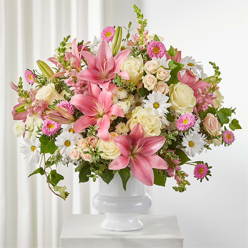 Empathetic Blooms Urn Arrangement –  Batavia Stage Coach Florist, Batavia NY