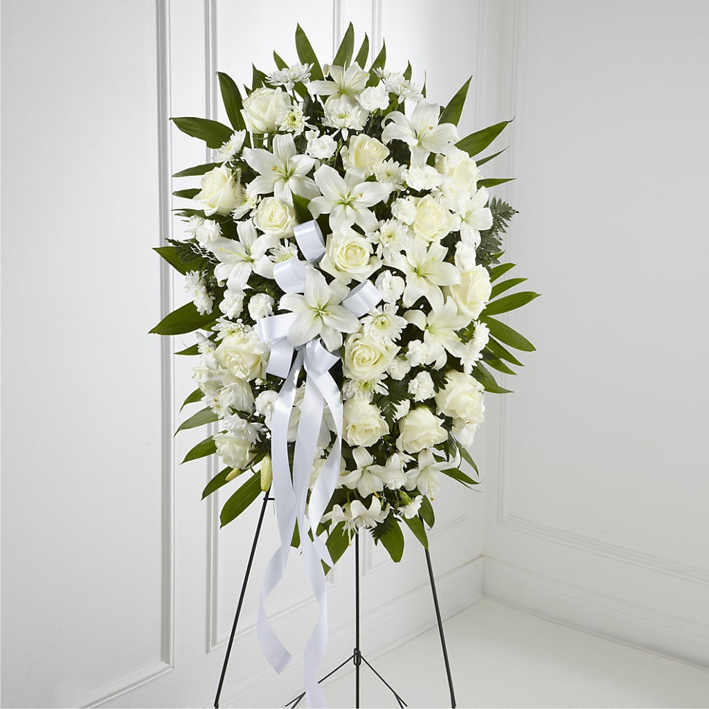 Exquisite Tribute Standing Spray-White Ribbon –  Batavia Stage Coach Florist, Batavia NY
