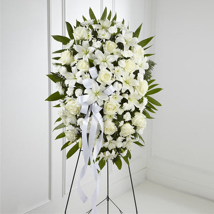 Exquisite Tribute Standing Spray-White Ribbon –  Batavia Stage Coach Florist, Batavia NY