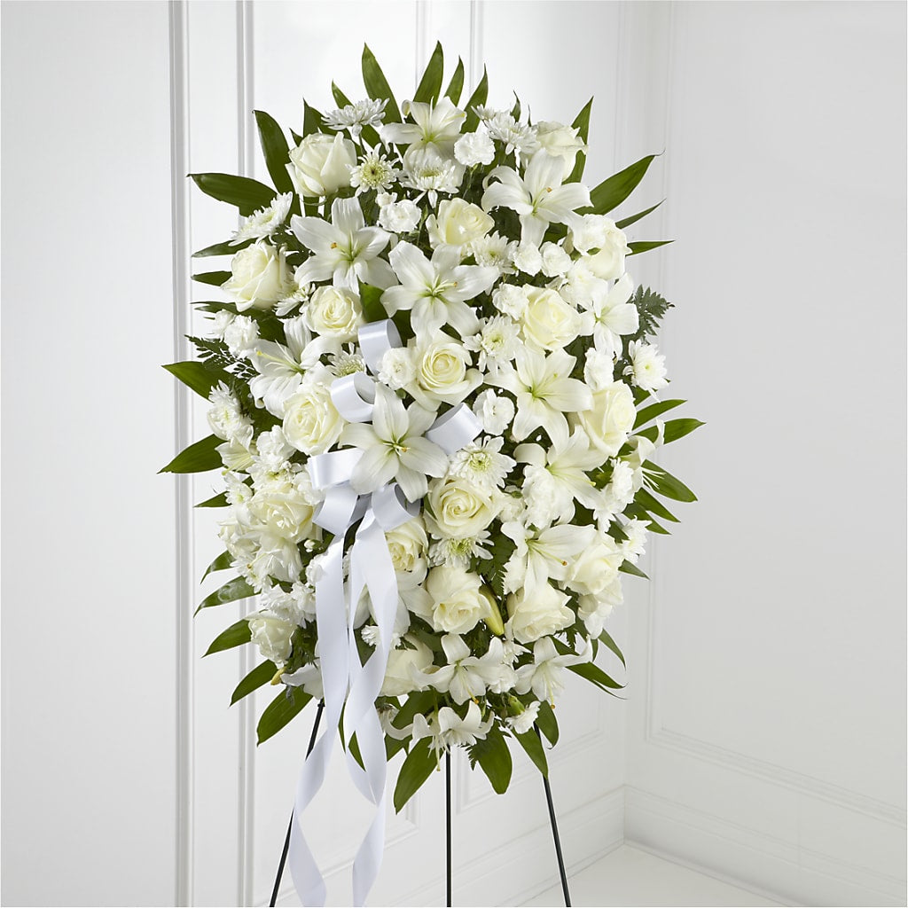 Exquisite Tribute Standing Spray-White Ribbon –  Batavia Stage Coach Florist, Batavia NY
