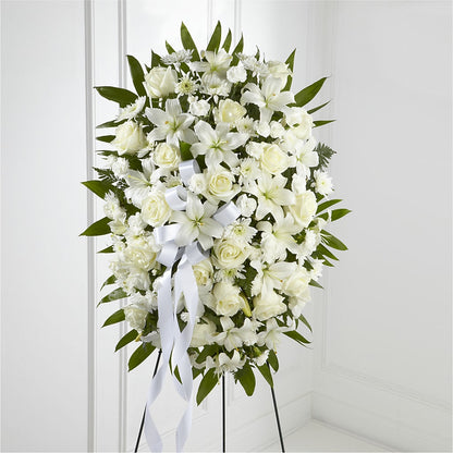 Exquisite Tribute Standing Spray-White Ribbon –  Batavia Stage Coach Florist, Batavia NY