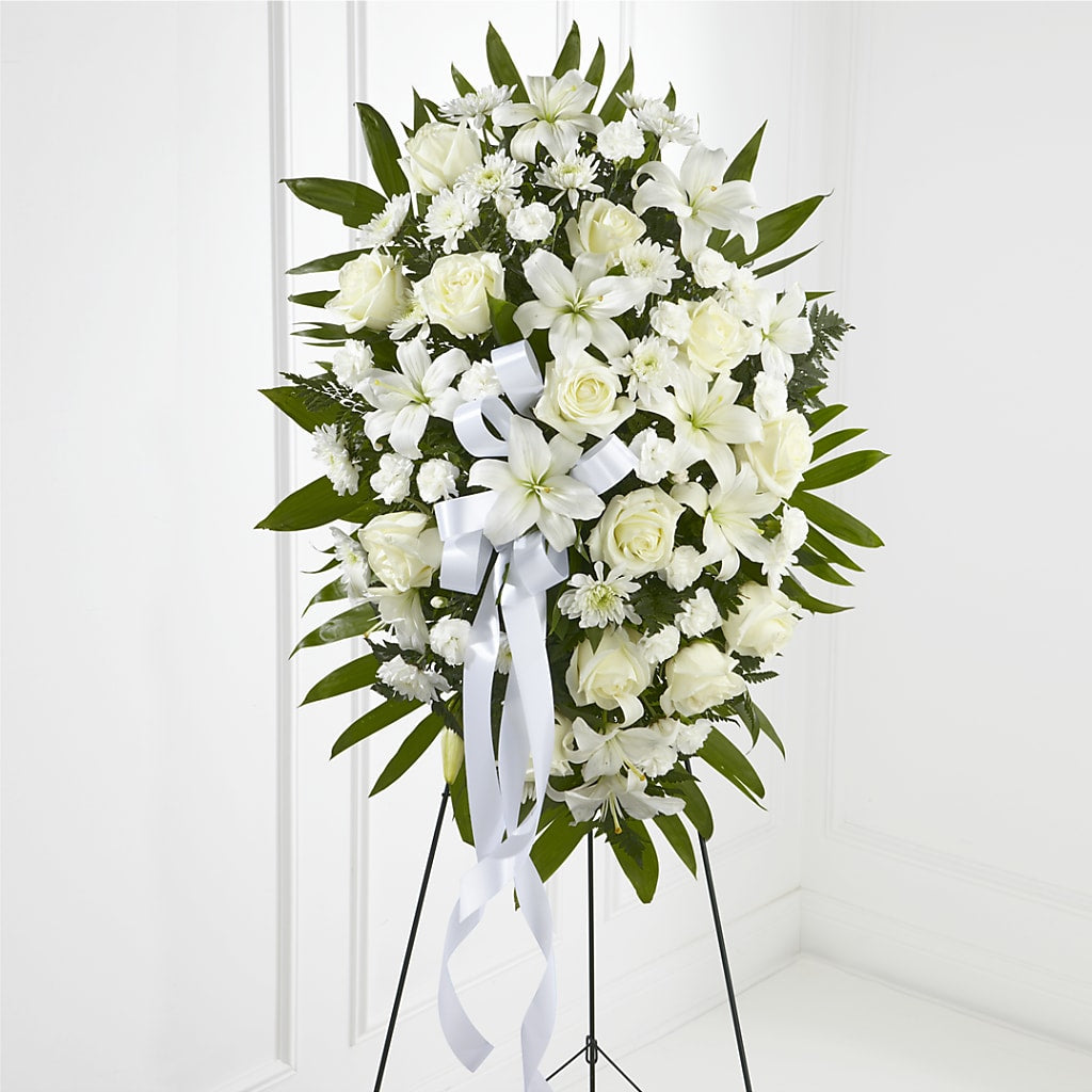 Exquisite Tribute Standing Spray-White Ribbon –  Batavia Stage Coach Florist, Batavia NY