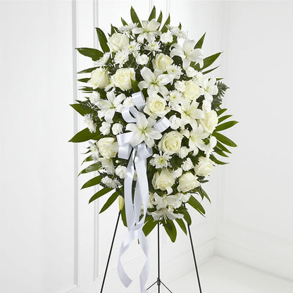 Exquisite Tribute Standing Spray-White Ribbon –  Batavia Stage Coach Florist, Batavia NY