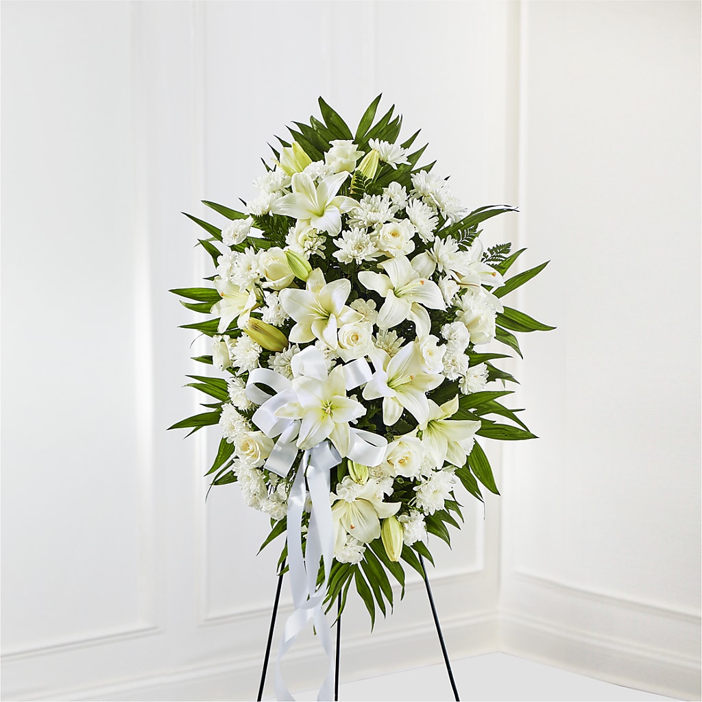 Exquisite Tribute Standing Spray-White Ribbon –  Batavia Stage Coach Florist, Batavia NY