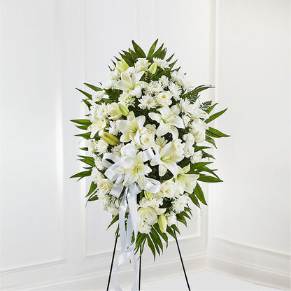 Exquisite Tribute Standing Spray-White Ribbon –  Batavia Stage Coach Florist, Batavia NY