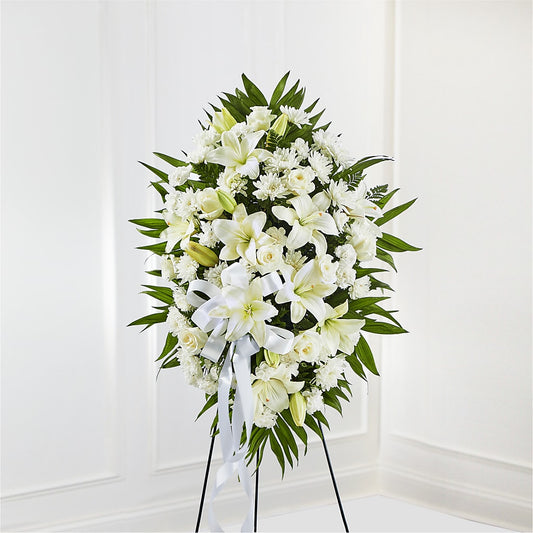 Exquisite Tribute Standing Spray-White Ribbon –  Batavia Stage Coach Florist, Batavia NY